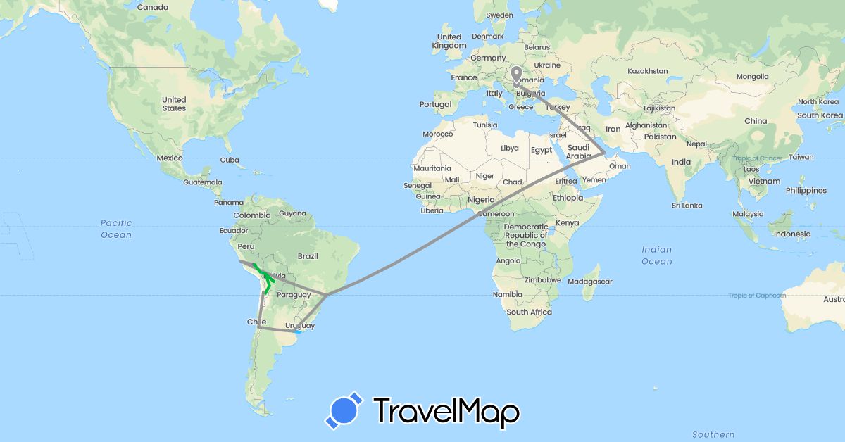 TravelMap itinerary: driving, bus, plane, train, hiking, boat in Argentina, Bolivia, Brazil, Chile, Peru, Qatar, Serbia, Uruguay (Asia, Europe, South America)